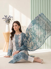 SHIPHIRE BLUE, WARM IVORY WITH MULTI Digital Printed Premium Lawn with Light weight Voile Dupatta 3pc Suit (Unstitched)