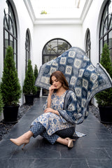 BLUE Premium Digital Lawn Suit with Digital Voile Dupatta 3pc Suit (Unstitched)