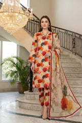 BASE CREAM WITH MULTI PRINT Printed Full Suit with Luxury ZARI Dupatta 3pc (Unstitched)