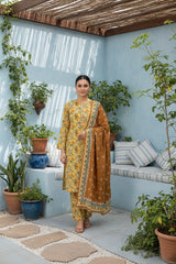 BASE GOLDEN SKIN WITH MULTI PRINT 3pc Premium Doria linen suit with linen dupatta (Unstitched)