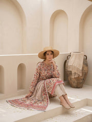 SOFT ALMOND BEIGE WITH MULTI PRINT Digital Printed Premium Lawn with Light weight Voile Dupatta 3pc Suit (Unstitched)