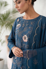 DARK ZINC BLUE Chiffon Embroidered 3Pc Suit (Unstitched)