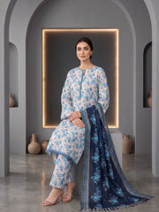 BASE LIGHT PEACH WITH NAVY BLUE & FEROZI PRINTED LAWN SUIT WITH VOILE DUPATTA 3Pc (Unstitched)