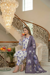 WHITE & PURPLE HAZE WITH MULTI PRINT Printed Full Suit with Luxury ZARI Dupatta 3pc (Unstitched)