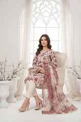 ROSE, WHITE WITH WINE Digital Printed 3Pc suit with Luxury Voile Dupatta(Unstitched)