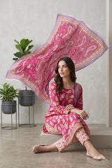FUSIA PINK Premium Digital Lawn Suit with Digital Voile Dupatta 3pc Suit (Unstitched)