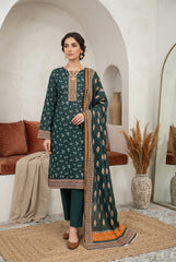 BOTTLE GREEN WITH MULTI Printed SLUB CHAMKI Premium Lawn 3pc Suit (Unstitched)