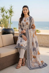 LIGHT GRAY WITH MULTI PRINTED LAWN SUIT WITH VOILE DUPATTA 3Pc (Unstitched)