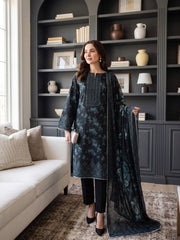 BLACK WITH MYRTLE GREEN Printed Premium Lawn with Voile Dupatta 3pc Suit (Unstitched)