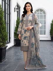 CREAM GREY WITH CAPRI BLUE Digital Printed 3Pc suit with Luxury Voile Dupatta(Unstitched)