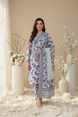 BASE MOHAIR SOFT BLUE WITH PURPLE PRINT 3pc Premium Doria linen suit with linen dupatta (Unstitched)