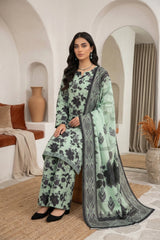 PASTEL GREEN & BLACK PRINTED LAWN SUIT WITH VOILE DUPATTA 3Pc (Unstitched)