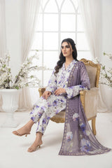 WHITE & PURPLE HAZE WITH MULTI PRINT Printed Full Suit with Luxury ZARI Dupatta 3pc (Unstitched)