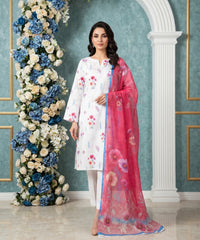 WHITE FLORAL & BARBIE PINK WITH MULTI Digital Printed 3Pc suit with Luxury Voile Dupatta(Unstitched)