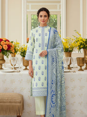 TEA GREEN & BLUE Premium Slub Lawn 3pc Suit with Light Weight Voile Dupatta (Unstitched)