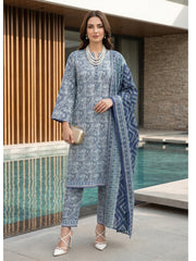 NAVY BLUE WITH LIGHT BLUE PRINTED LAWN SUIT WITH VOILE DUPATTA 3Pc (Unstitched)