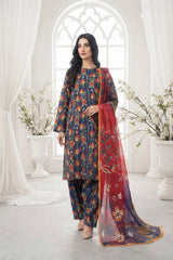 CLASSIC BLUE WITH MULTI PRINT  Printed Full Suit with FANCY ZARI Dupatta 3pc (Unstitched)
