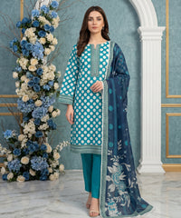 DEEP SEA GREEN & CREAM Digital Printed 3Pc suit with Luxury Voile Dupatta(Unstitched)