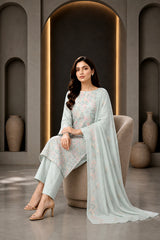 TEA GREEN WITH MULTI PRINT Chiffon Embroidered 3Pc Suit (Unstitched)