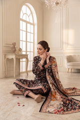 MULTI FLORAL PRINT  WITH BLACK PRINTED LAWN SUIT WITH VOILE DUPATTA 3Pc (Unstitched)