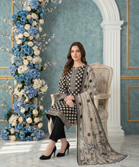 BLACK & CREAM Digital Printed 3Pc suit with Luxury Voile Dupatta(Unstitched)