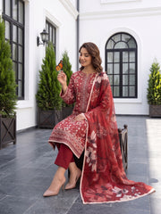 BURGUNDY RED Digital Printed 3Pc suit with Luxury Voile Dupatta(Unstitched)