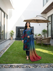 BASE BLUE WITH MULTI FLORAL DIGITAL PRINTED PREMIUM LAWN WITH FANCY DIAMOND DUPATTA 3Pc Suit (Unstitched)