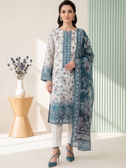 SHIPHIRE BLUE, WARM IVORY WITH MULTI Digital Printed Premium Lawn with Light weight Voile Dupatta 3pc Suit (Unstitched)