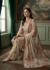 BRANDON BEIGE WITH GREEN & MAROON Printed Full Suit with FANCY ZARI Dupatta 3pc (Unstitched)