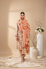 BASE PALE IVORY WITH MULTI PRINT 3pc Premium Doria linen suit with linen dupatta (Unstitched)