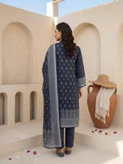 NIGHT BLUE BLOCK Printed Premium Lawn with Light weight Voile Dupatta 3pc Suit (Unstitched)