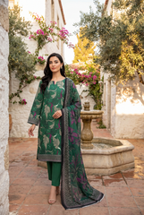 FOREST GREEN WITH MULTI PRINT Bana Dora Lawn Shirt with Plain dyed Trouser with Luxury Lawn Voile Dupatta 3Pc.(Unstitched)
