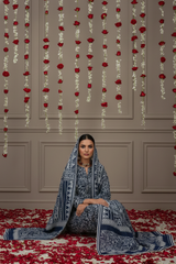 CLASSIC BLUE & CREAM Bana Dora Lawn Full Suit 3 pc with Luxury Voile Dupatta (Unstitched)