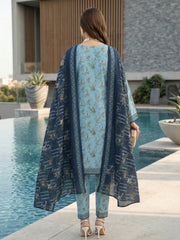SKY BLUE ,GREEN WITH MULTI PRINT PRINTED LAWN SUIT WITH VOILE DUPATTA 3Pc (Unstitched)
