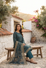 MIDNIGHT GREEN WITH ASH BROWN  Bana Dora Lawn Shirt with Plain dyed Trouser with Luxury Lawn Voile Dupatta 3Pc.(Unstitched)
