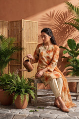 GOLDEN BEIGE WITH MULTI PRINT Digital Printed 3Pc suit with Luxury Voile Dupatta(Unstitched)