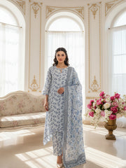 POWDER BLUE & NAVY BLUE Digital Printed Full Suit (3Pc) suit with Luxury Voile Dupatta(Unstitched)
