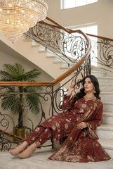 BURGUNDY RED WITH CREAM &  BLACK Printed Full Suit with Luxury ZARI Dupatta 3pc (Unstitched)