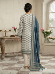 DEMINE BLUE IVORY & GREEN Printed 3Pc suit with Luxury Voile Dupatta(Unstitched)