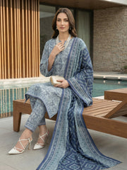 NAVY BLUE WITH LIGHT BLUE PRINTED LAWN SUIT WITH VOILE DUPATTA 3Pc (Unstitched)