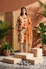 GOLDEN BEIGE WITH MULTI PRINT Digital Printed 3Pc suit with Luxury Voile Dupatta(Unstitched)