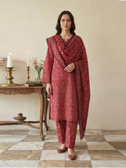 CERISE MAROON & SKIN Printed Full Suit (3Pc) suit with Luxury Voile Dupatta(Unstitched)