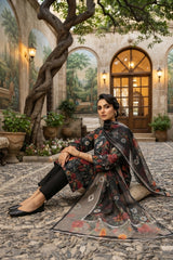 BLACK WITH MULTI Digital Printed Premium Lawn Suit with Voile Dupatta 3pc (Unstitched)