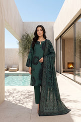 BOTTLE GREEN WITH BLACK Premium Digital Lawn 3pc Suit with Light Weight Digital VOILE Dupatta (Unstitched)