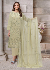 LIGHT PISTACHIO GREEN AND BOTTLE GREEN Chiffon Embroidered 3Pc Suit (Unstitched)