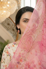 CREAM & HOT PINK WITH MULTI PRINT Printed Full Suit with Luxury ZARI Dupatta 3pc (Unstitched)