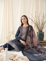 BLUE & BROWN Digital Printed Premium Lawn with Light weight Voile Dupatta 3pc Suit (Unstitched)
