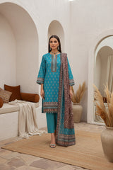 BLUE TURQUOISE & BROWN Premium Classic Lawn 3pc Suit with Light Weight Voile Dupatta (Unstitched)