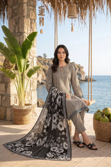 OYESTER GREY WITH BLACK IVORY PRINTED LAWN SUIT WITH VOILE DUPATTA 3Pc (Unstitched)