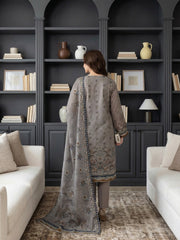 SMOKE GREY WITH BLUE & BROWN Printed Premium Lawn with Voile Dupatta 3pc Suit (Unstitched)
